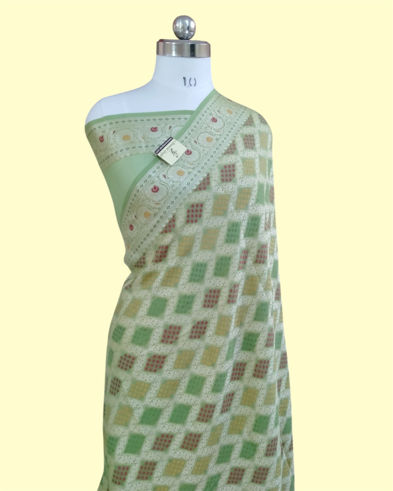 Pista Khaddi Chiffon - Water Zari Multi Bhandej Pure Banarasi Saree