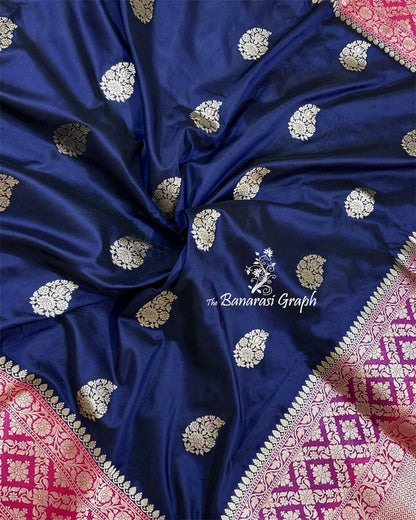Dark Blue Pure Katan Handloom Silk - Kadhua Motifs All Over Boota Work Banarasi Saree