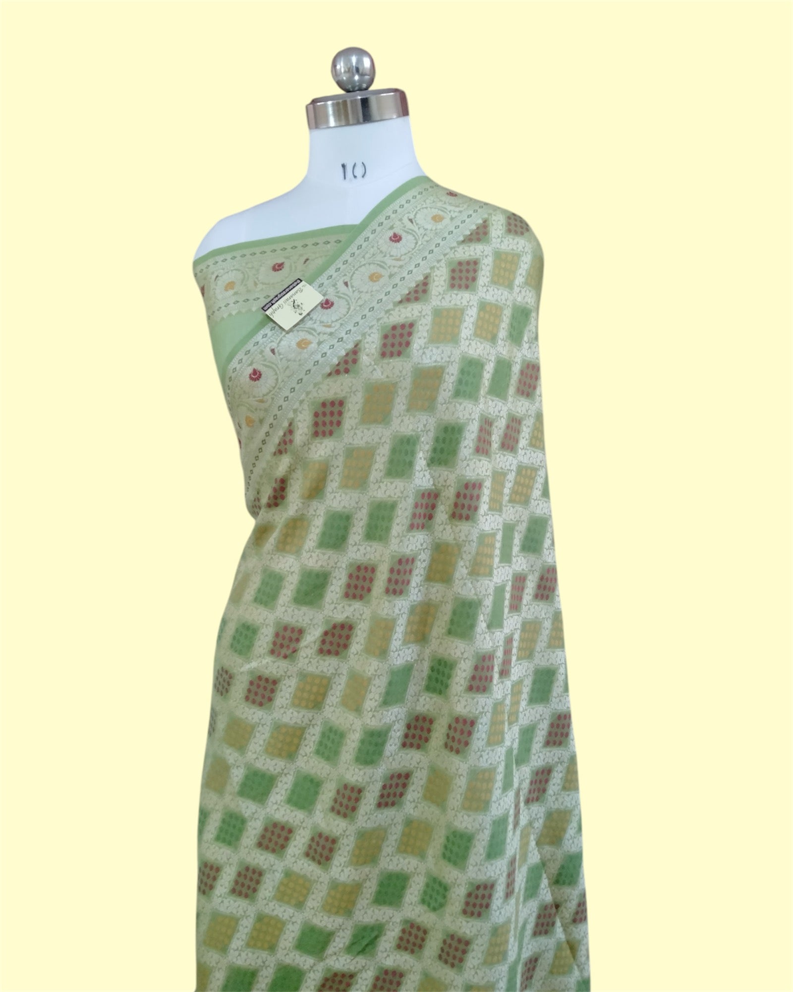 Pista Khaddi Chiffon - Water Zari Multi Bhandej Pure Banarasi Saree