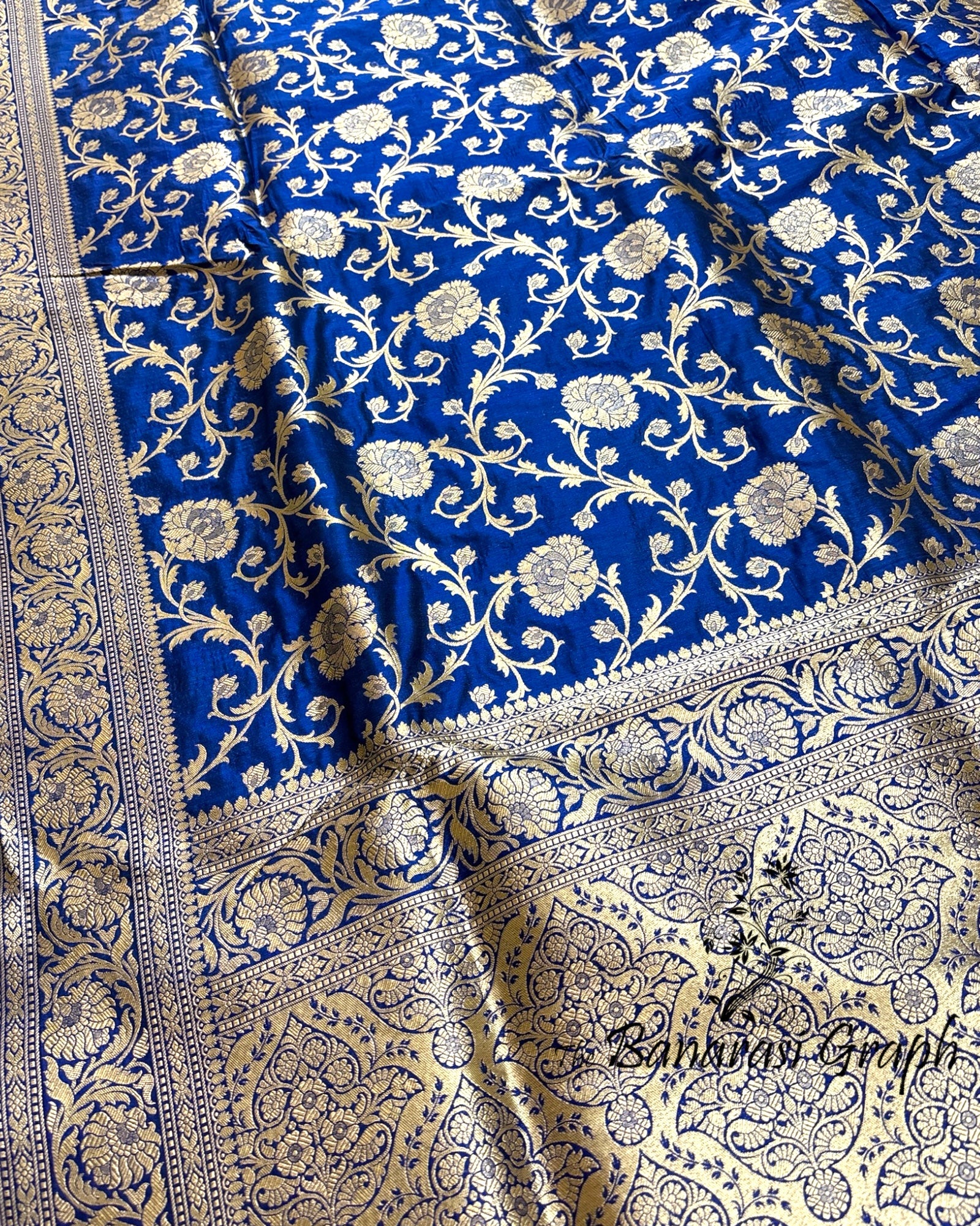 Royal Blue Pure Katan Handloom Silk - All Over Jaal Work Banarasi Saree