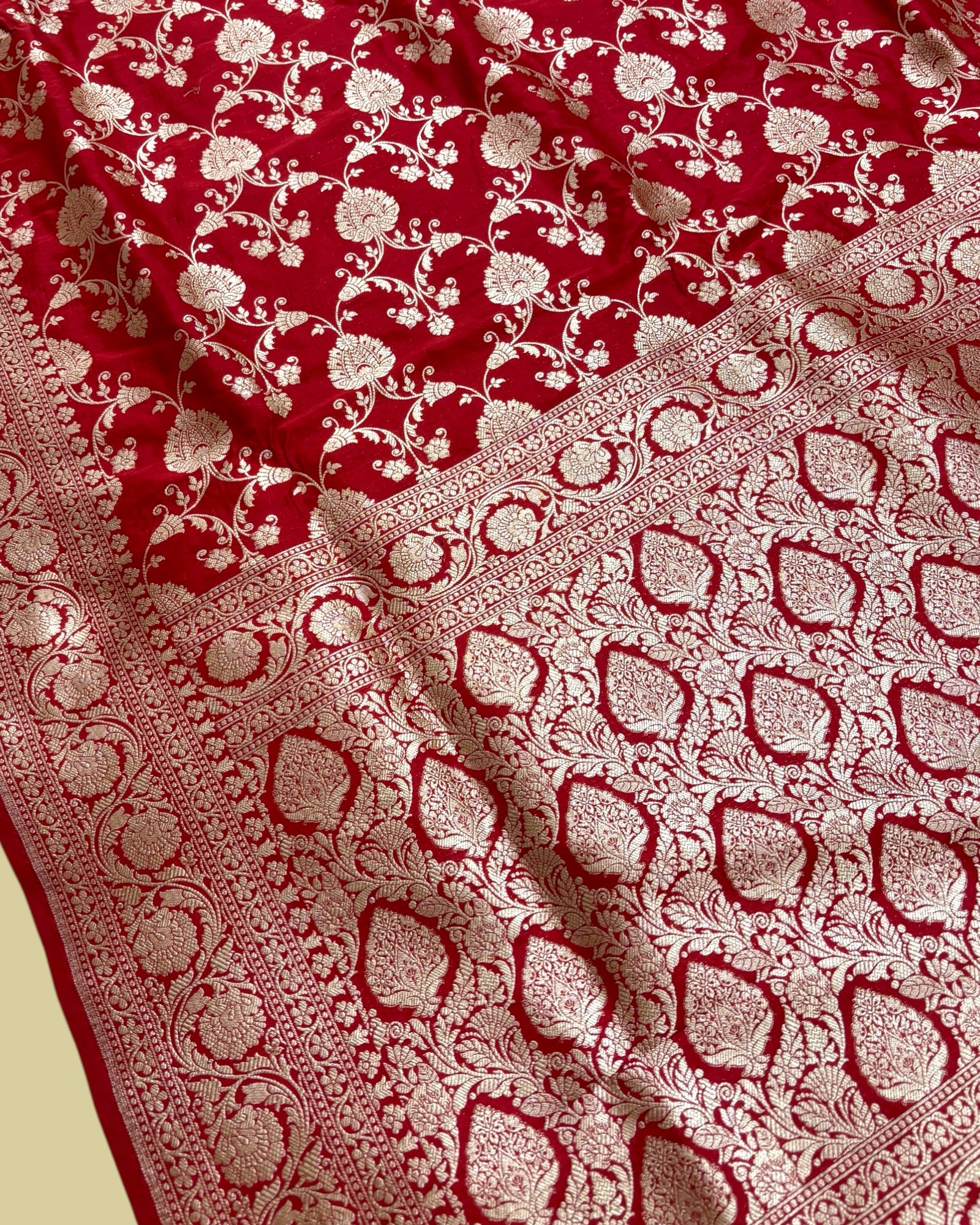Red Pure Katan Handloom Silk - All Over Jaal Work Banarasi Saree