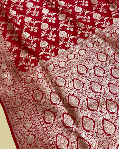 Red Pure Katan Uppada Handloom Silk - All Over Jaal Work Banarasi Saree