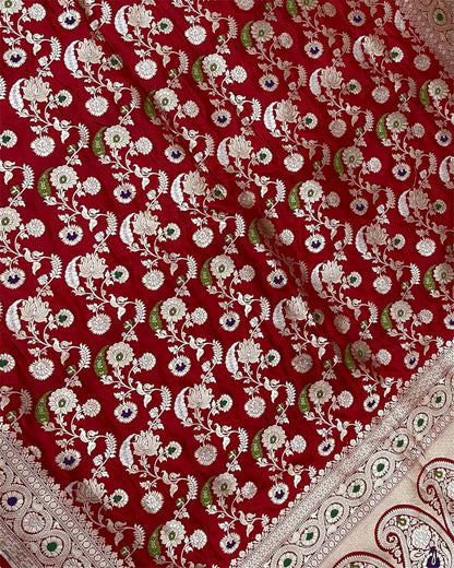 Red Pure Katan Handloom Silk - All Over Jaal Work With Tilfi Meenakari Banarasi saree