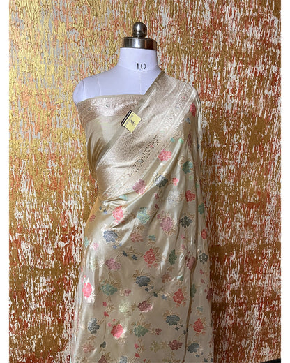Tussar Pure Katan Handloom Silk - All Over Jaal Work with Meenakari Banarasi Saree