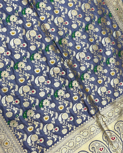 Grey Pure Katan Handloom Silk - All Over Jaal Work with Tilfi Meenakari Banarasi Saree