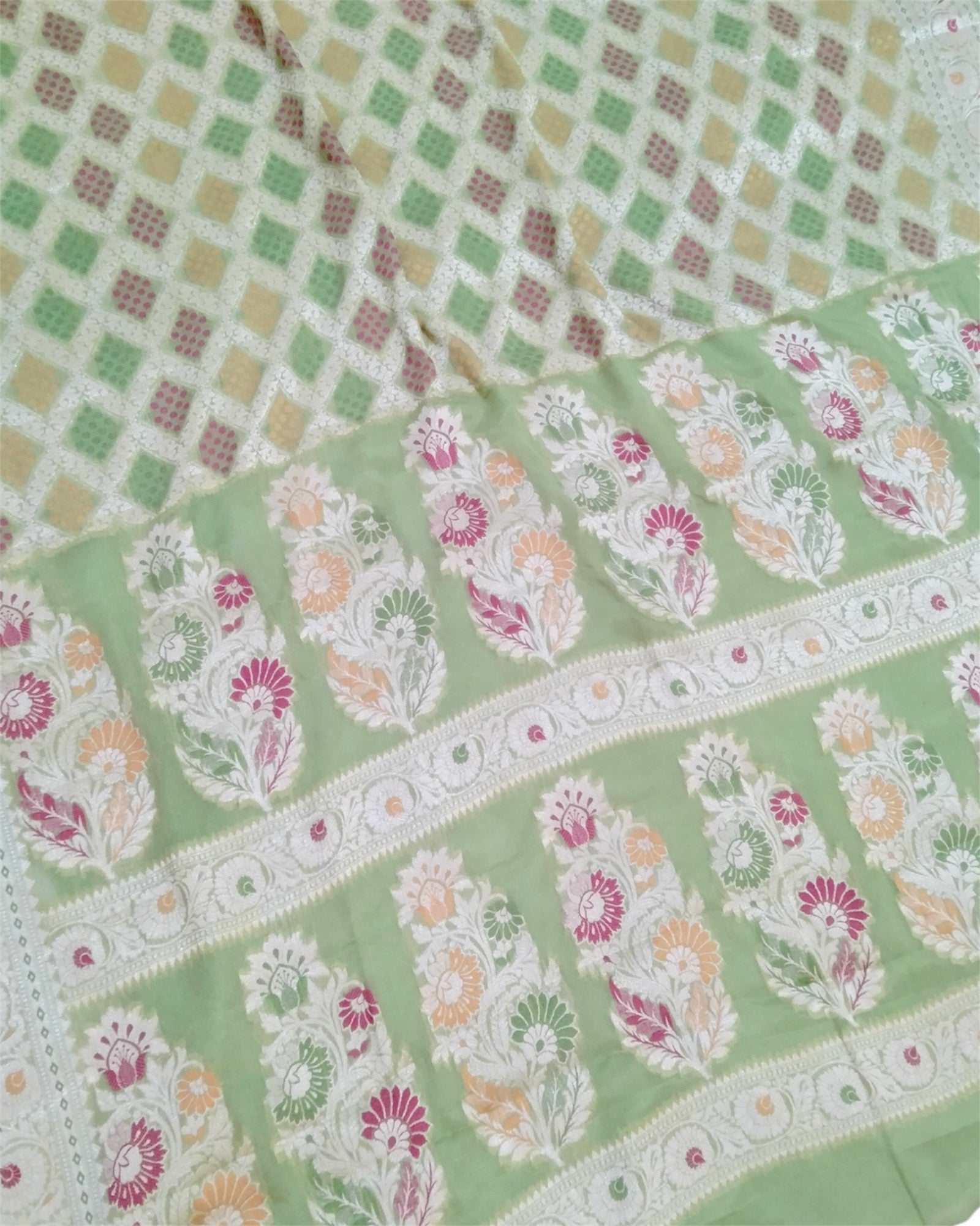 Pista Khaddi Chiffon - Water Zari Multi Bhandej Pure Banarasi Saree