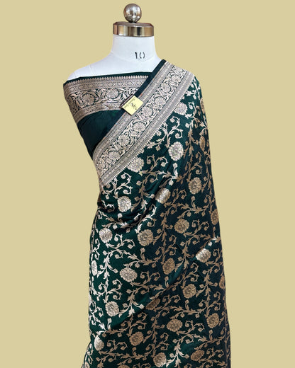 Dark Green Pure Katan Uppada Handloom Silk - All Over Jaal Work Banarasi Saree