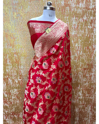 Red Pure Katan Handloom Silk - Kadhua Motifs All Over Jaal Work With Meenakari Banarasi Saree