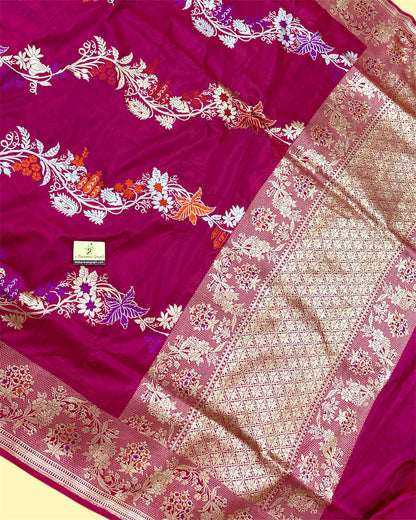 Hot Pink Pure Katan Handloom Silk - Kadhua Motifs Sona Rupa With Meenakari Banarasi Saree