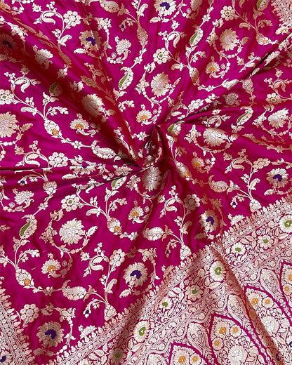 Hot Pink Pure Katan Handloom Silk - All Over Jaal Work With Tilfi Meenakari Banarasi Saree