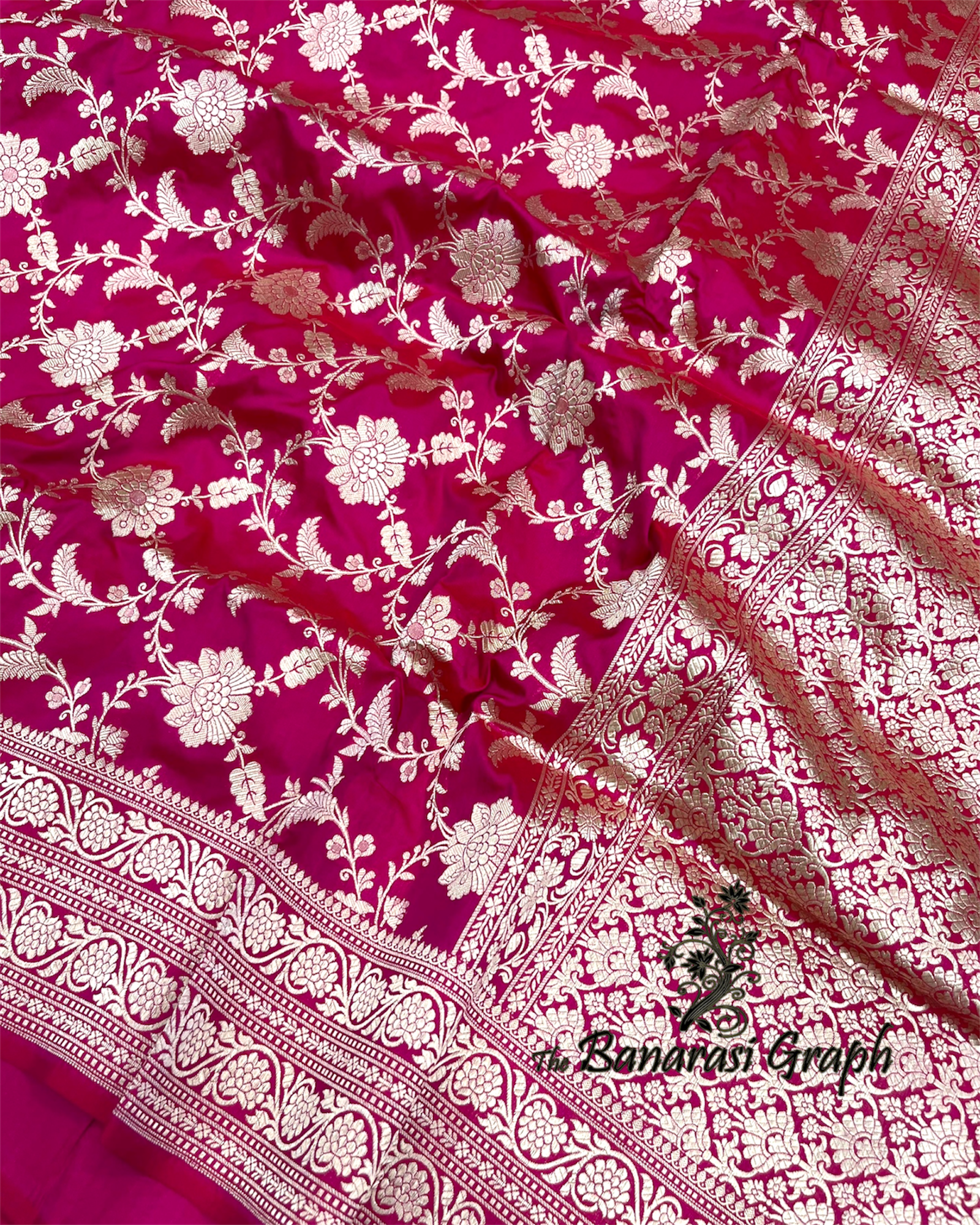 Hot Pink Pure Katan Handloom Silk - All Over Jaal Work Banarasi Saree