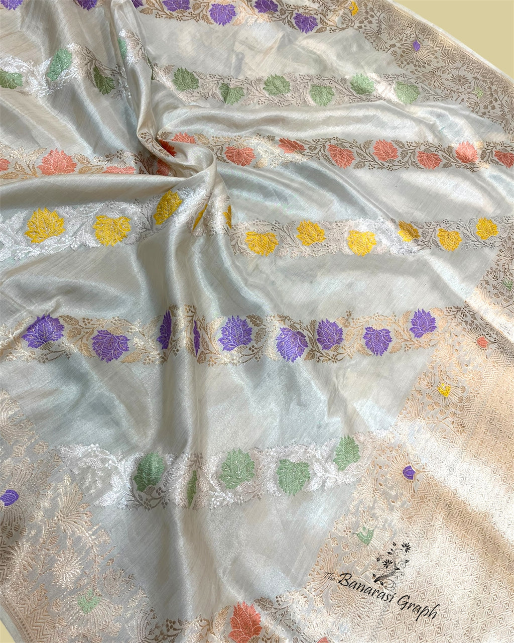Cream Pure Tissue Handloom Silk Kadhua Strip With Meenakari - Banarasi Saree