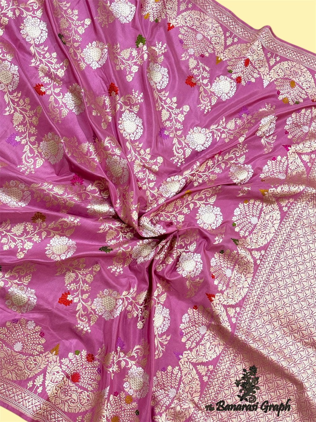 Pink Pure Katan Handloom Silk - All Over Jaal Work Kadhua Motifs with Meenakari Sona Rupa Banarasi Saree