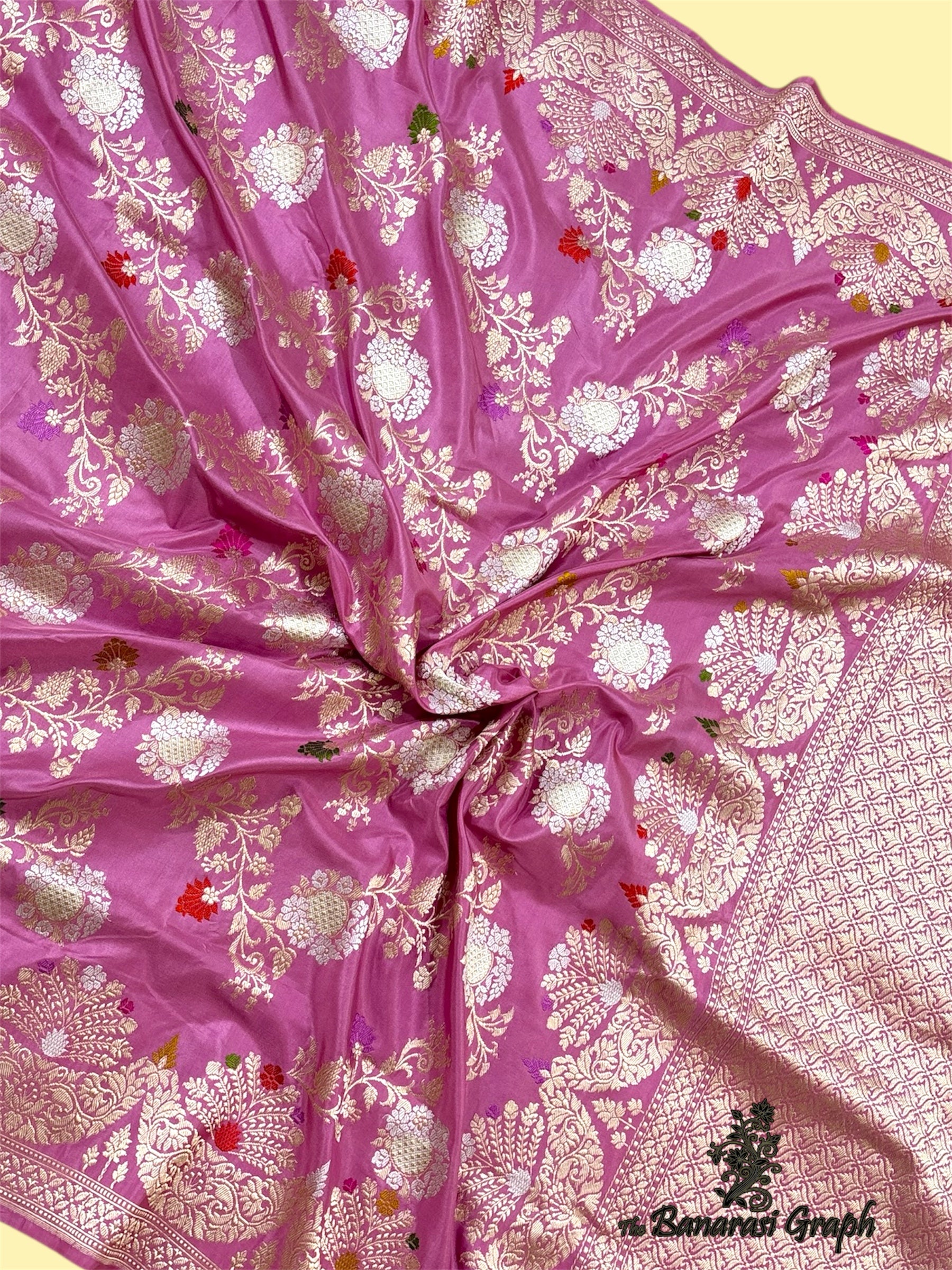Pink Pure Katan Handloom Silk - All Over Jaal Work Kadhua Motifs with Meenakari Sona Rupa Banarasi Saree