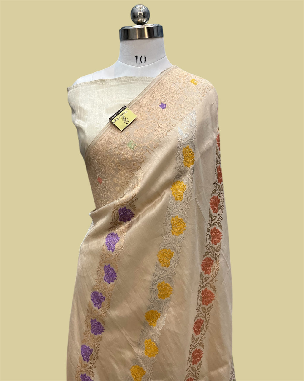 Cream Pure Tissue Handloom Silk Kadhua Strip With Meenakari - Banarasi Saree