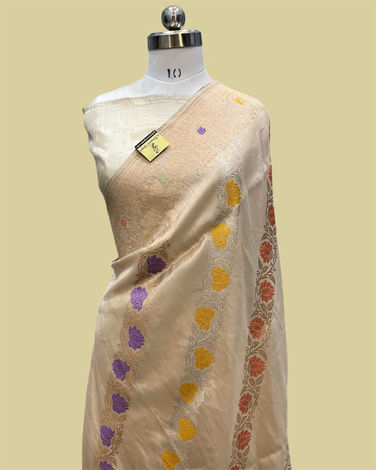 Cream Pure Tissue Handloom Kadhua Strip With Meenakari - Banarasi Saree