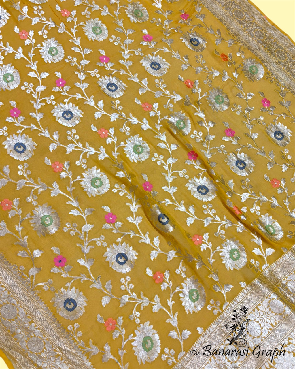 Yellow Khaddi Georgette Water Zari with Meenakari - All Over Jaal Work Pure Banarasi Saree