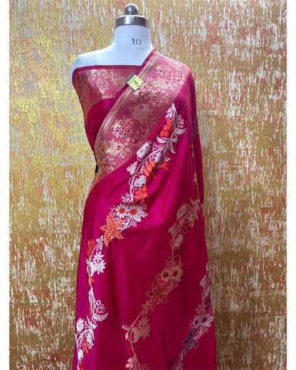 Hot Pink Pure Katan Handloom Silk - Kadhua Motifs Sona Rupa With Meenakari Banarasi Saree