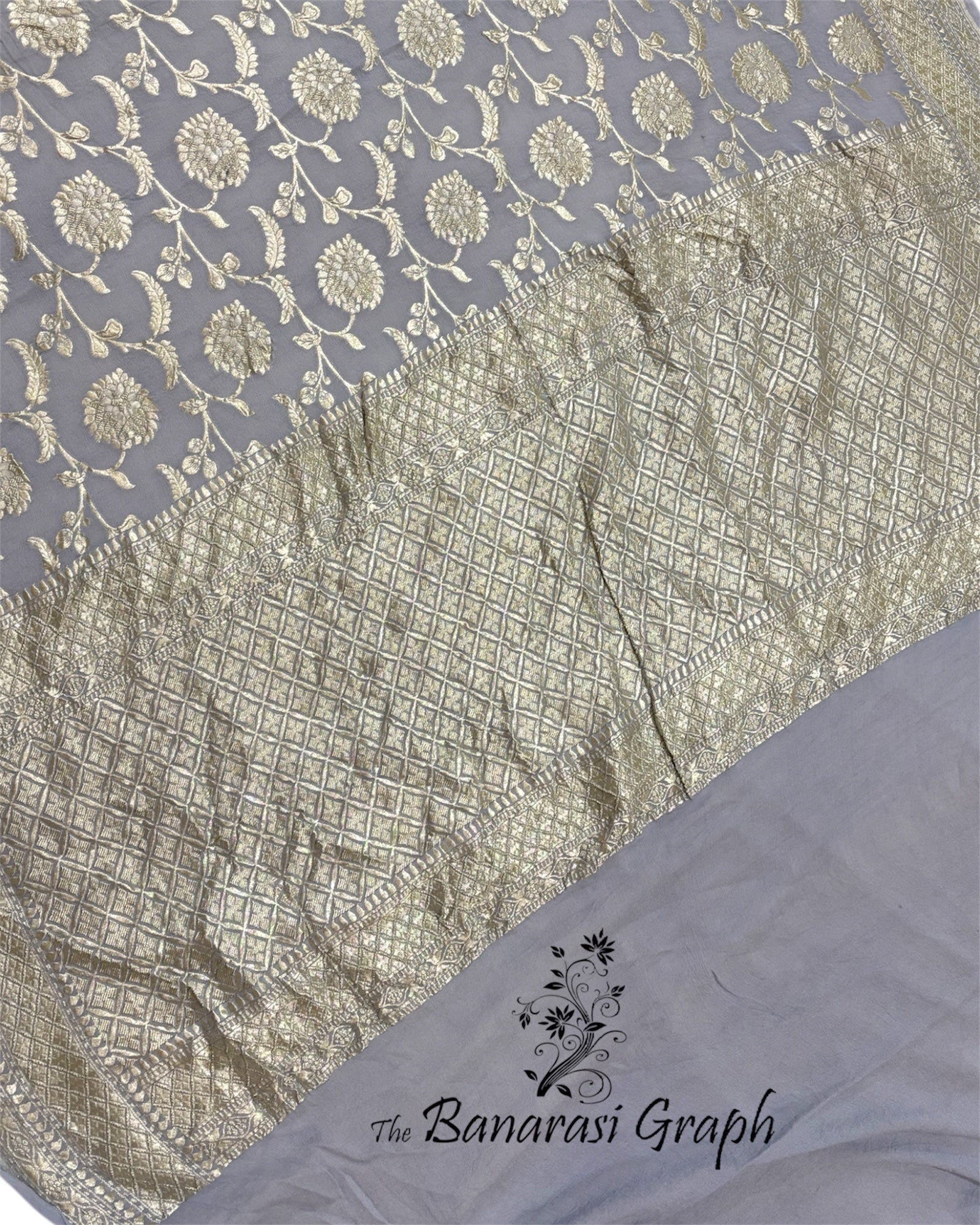 Grey Khaddi Georgette Water Zari - All Over Jaal Work Pure Banarasi Saree