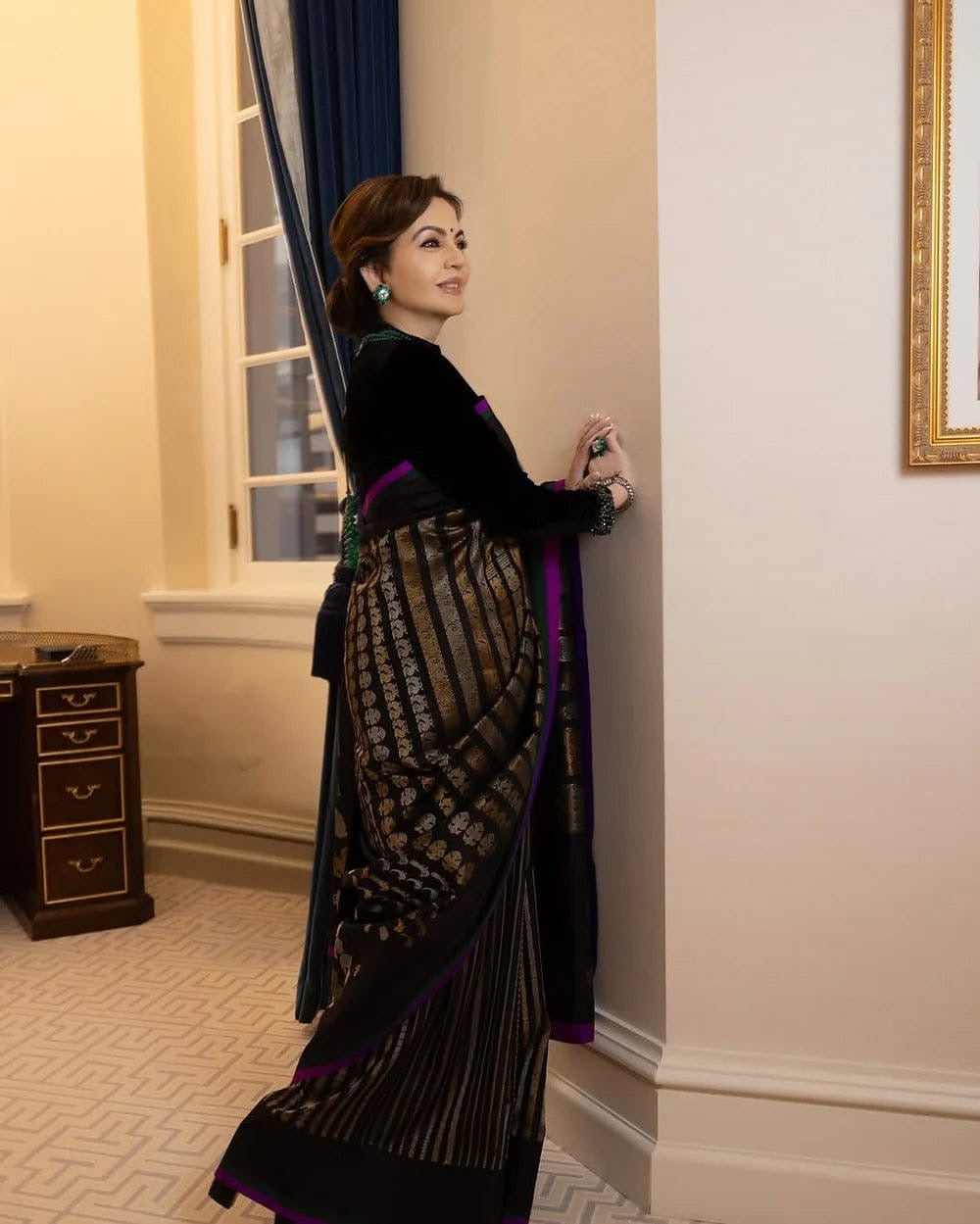 Nita Ambani Black Pure Katan Handloom Silk - Sona Rupa Strip Work Banarasi Saree