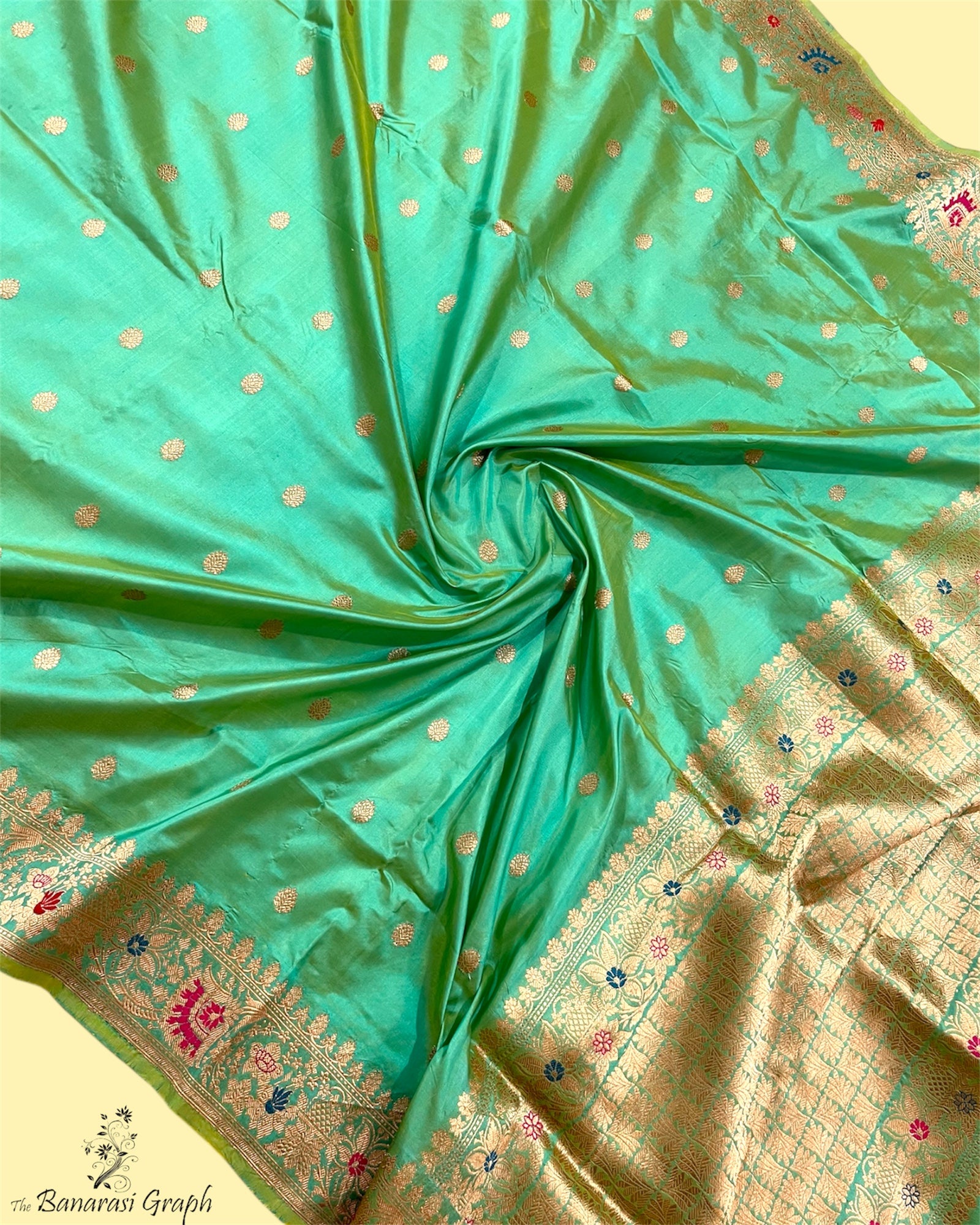 C Green Pure Katan Handloom Silk - Kadhua Motifs with Meenakari Banarasi Saree