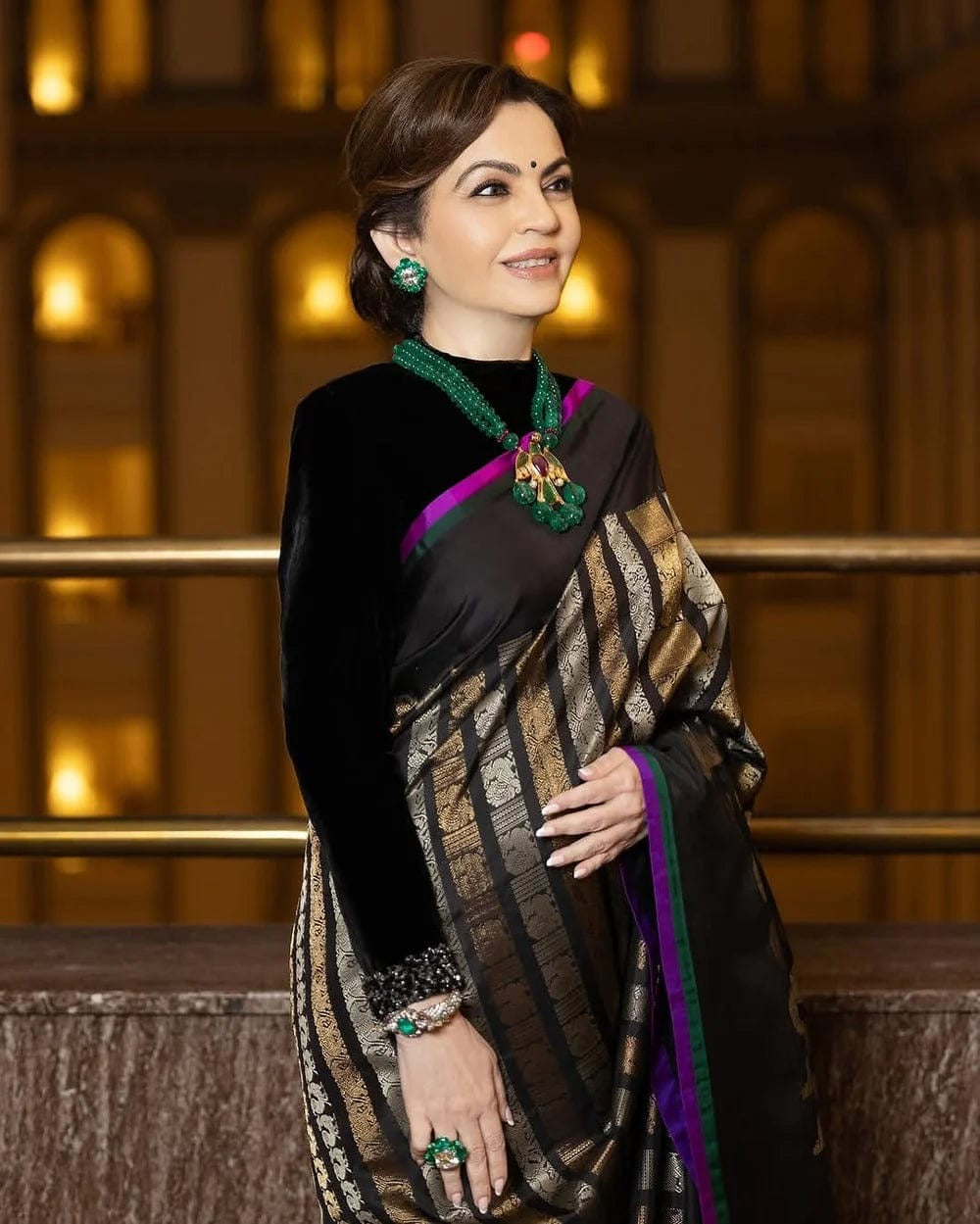 Nita Ambani Black Pure Katan Handloom Silk - Sona Rupa Strip Work Banarasi Saree