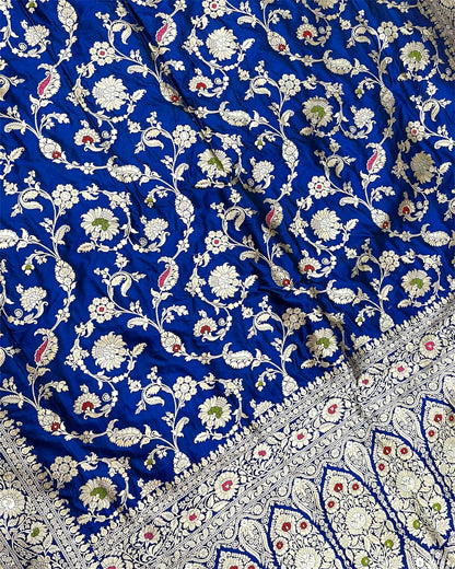 Royal Blue Pure Katan Handloom Silk - All Over Jaal Work With Tilfi Meenakari Banarasi Saree