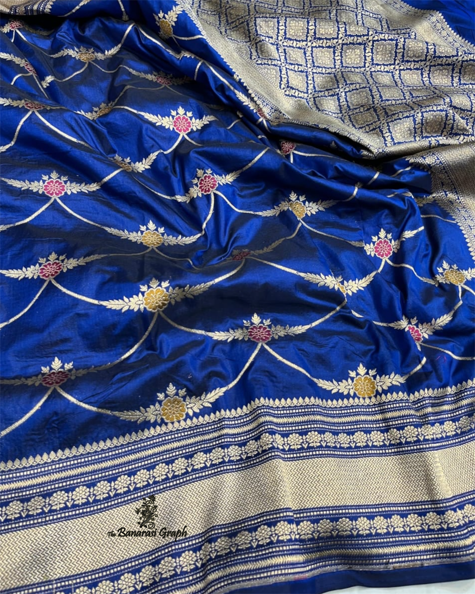 Royal Blue Pure Katan Handloom Silk - All Over Jaal Work with Meenakari Banarasi Saree