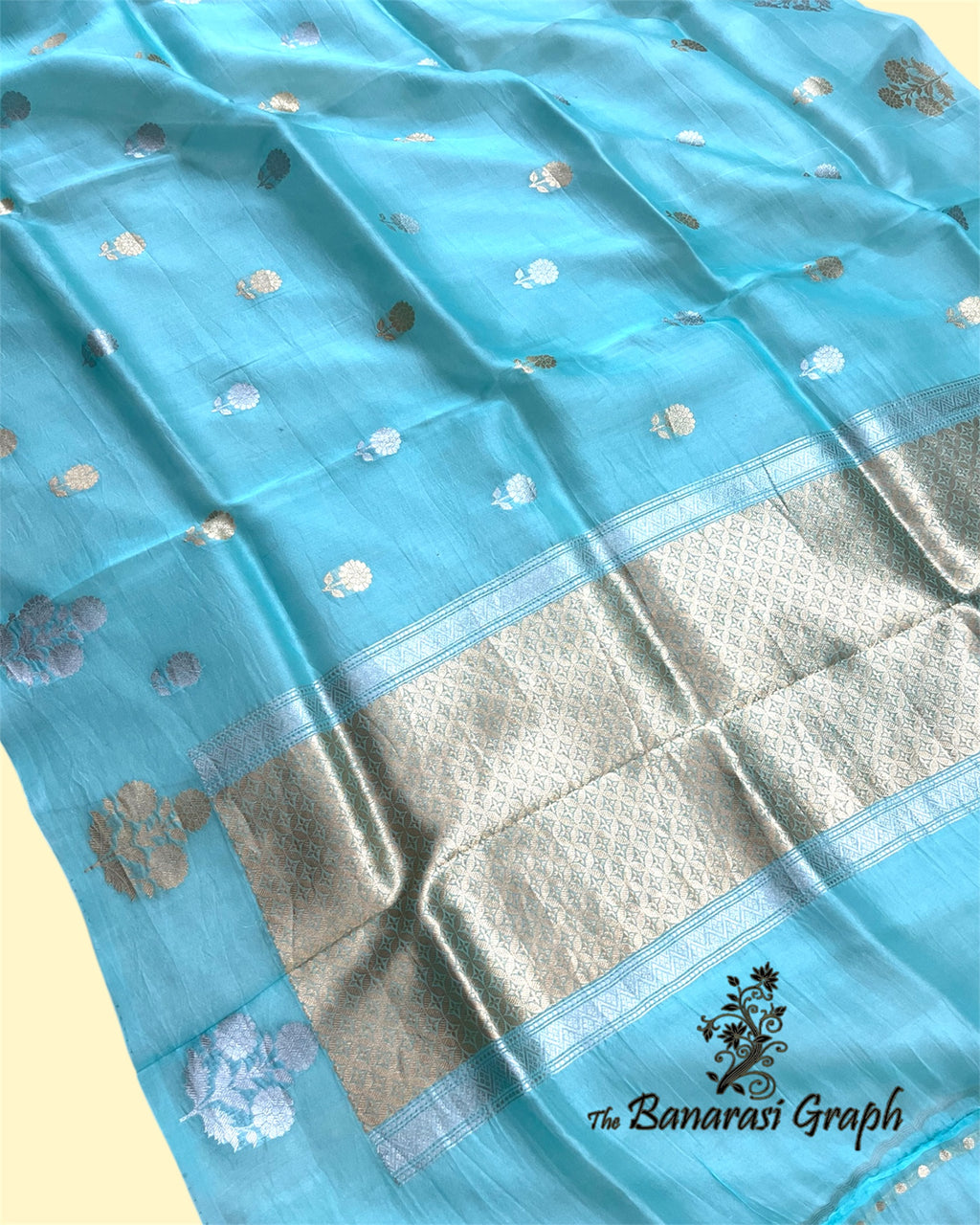 Sky Blue Pure Kora Handloom Silk - Kadhua Motifs Banarasi Saree