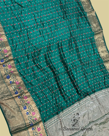 Dark Green Pure Chiniya Bhandej Silk - Banarasi Saree