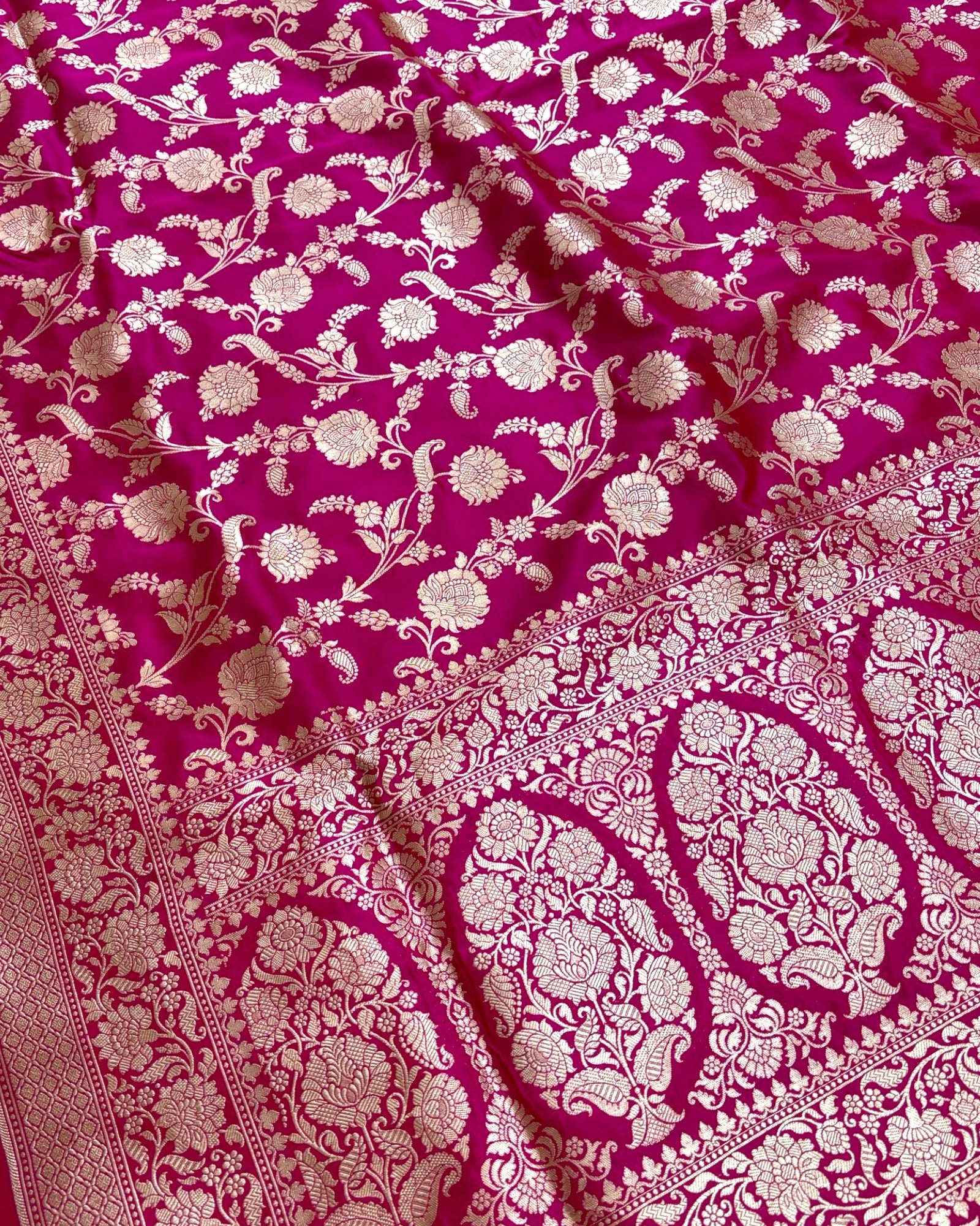 Hot Pink Pure Katan Handloom Silk - All Over Jaal Work Banarasi Saree