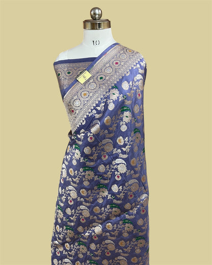 Grey Pure Katan Handloom Silk - All Over Jaal Work with Tilfi Meenakari Banarasi Saree