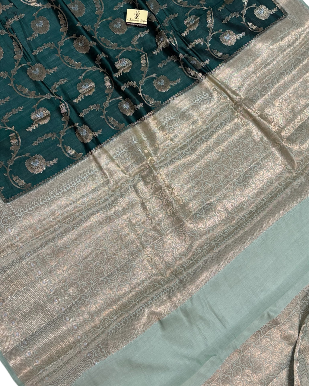 Dark Green Pure Chiniya Silk - All Over Jaal Work Banarasi saree