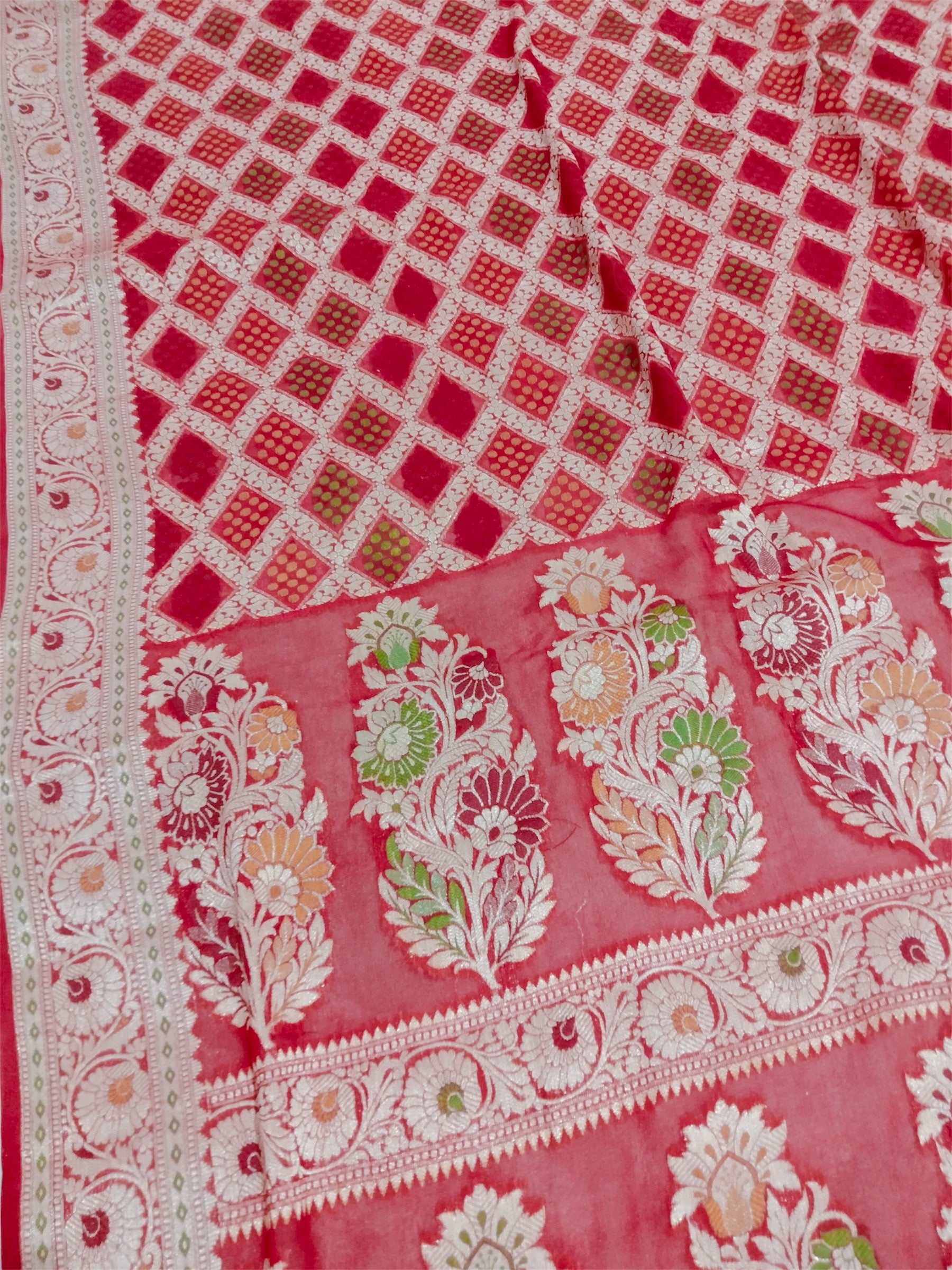 Red Khaddi Chiffon - Water Zari Multi Bhandej Pure Banarasi Saree