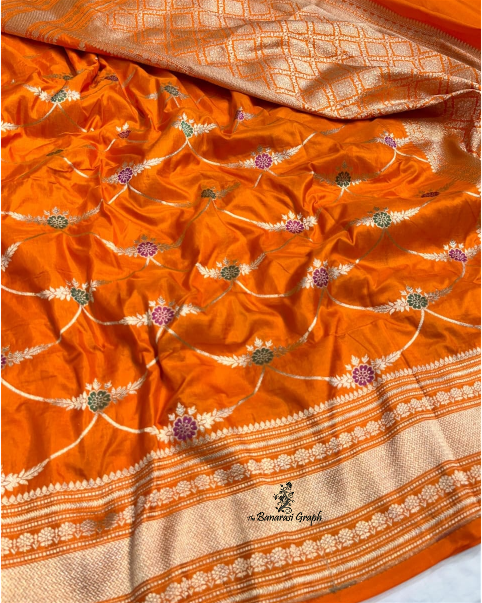Orange Pure Katan Handloom Silk - All Over Jaal Work with Meenakari Banarasi Saree