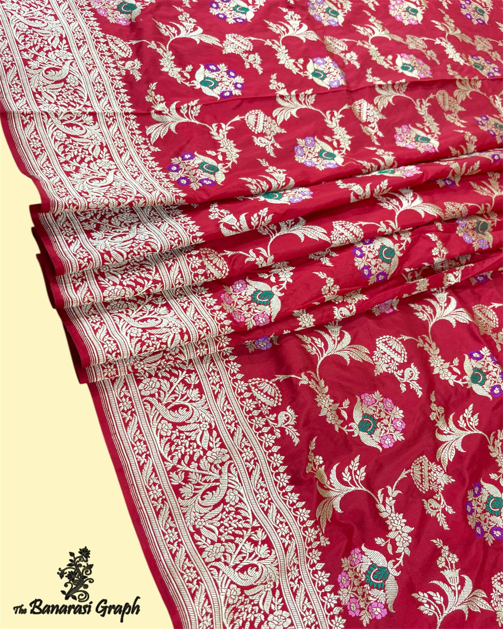 Red Pure Katan Handloom Silk - Kadhua Motifs All Over Jaal Work With Meenakari Banarasi Saree