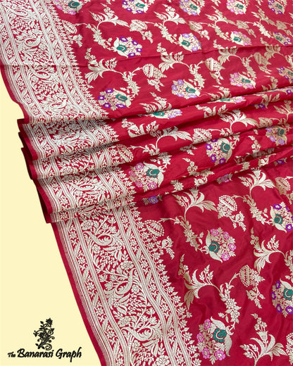 Red Pure Katan Handloom Silk - Kadhua Motifs All Over Jaal Work With Meenakari Banarasi Saree