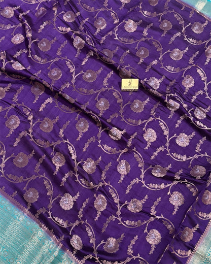 Dark Blue Pure Chiniya Silk - All Over Jaal Work Banarasi Saree