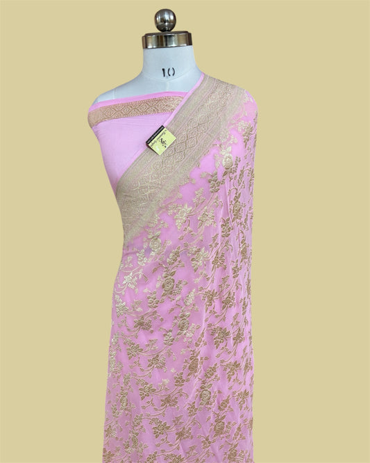 Baby Pink Khaddi Georgette Water Zari - All Over Jaal Work Banarasi Saree