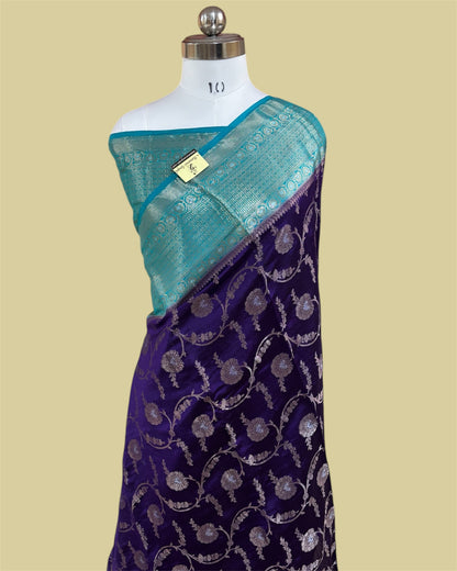 Dark Blue Pure Chiniya Silk - All Over Jaal Work Banarasi Saree