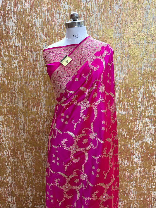 Shine Pink Pure Katan Handloom Kadhua Silk - All Over Jaal Work Banarasi Saree