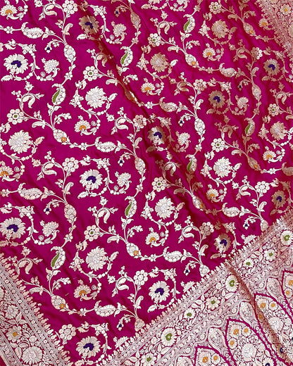 Hot Pink Pure Katan Handloom Silk - All Over Jaal Work With Tilfi Meenakari Banarasi Saree