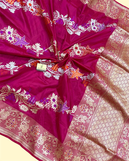 Hot Pink Pure Katan Handloom Silk - Kadhua Motifs Sona Rupa With Meenakari Banarasi Saree