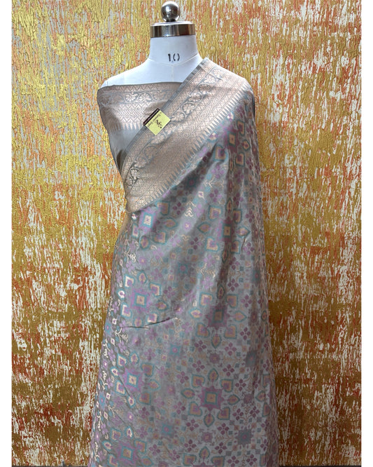 Grey Pure Katan Handloom Silk - All Over Jaal Work With Meenakari Banarasi Saree