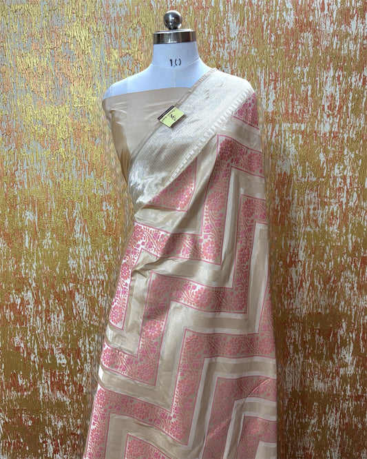 Tussar Pure Katan Handloom Silk - Zig Zag Jaal Work With Meenakari Banarasi Saree