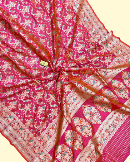 Pink Pure Katan Handloom Silk - All Over Jaal Work with Meenakari Banarasi Saree