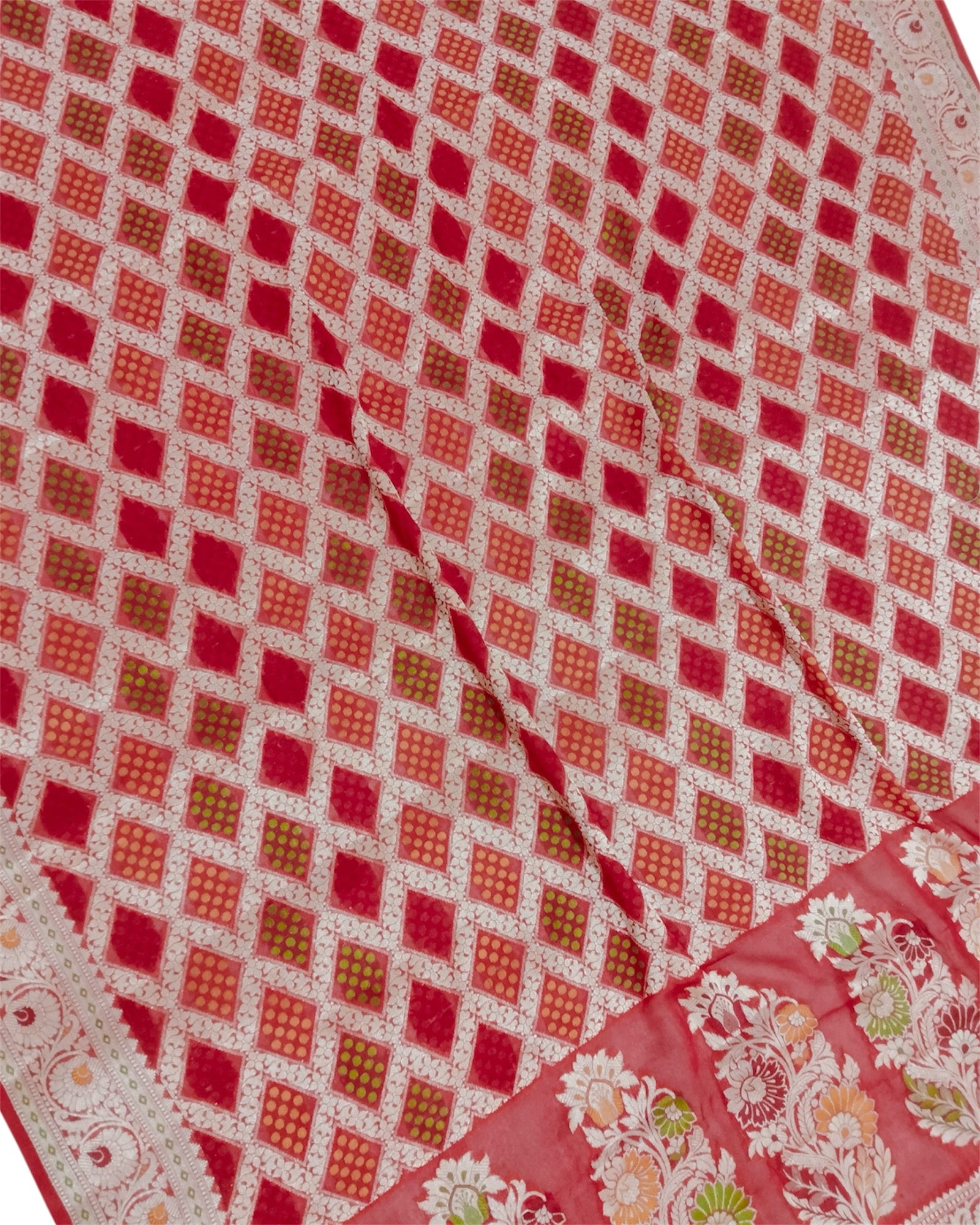 Red Khaddi Chiffon - Water Zari Multi Bhandej Pure Banarasi Saree