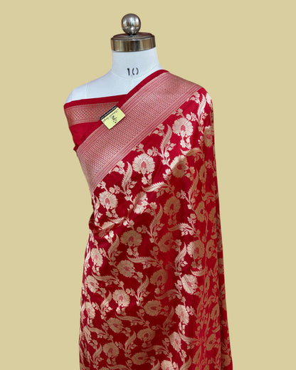 Red Pure Katan Uppada Handloom Silk - All Over Jaal Work Banarasi Saree