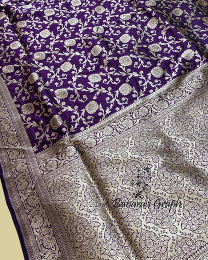 Dark Blue Pure Katan Handloom Silk - All Over Jaal Work Banarasi Saree