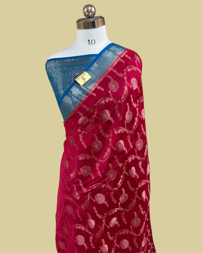 Red Pure Chiniya Silk - All Over Jaal Work Banarasi Saree